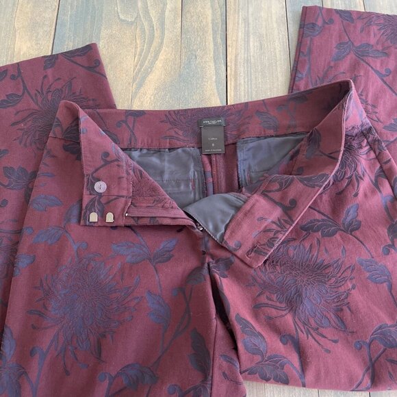 Ann Taylor FactorySignature Floral Chino Pants Stretch Maroon Curvy Size 8 (M5) - Picture 2 of 9